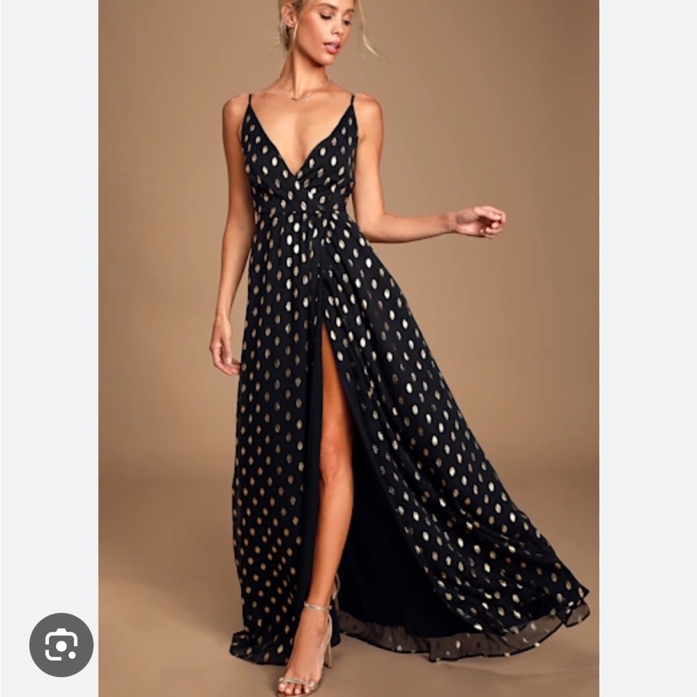 Lulus galaxy lights black gold polka dot maxi slit neck spaghetti strap large